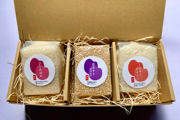 食べ比べできる「うれしい」お米3個セット。 2合のお米が3種類入っているので贈り物にもぴったり!