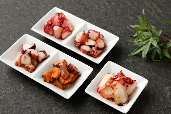 手軽に食べられておいしい!健康にもいい! 「たこのバジル風味」「たこのカルパッチョ」「たこのねぎ塩風味」「たこの梅じそ風味」「たこのキムチ風味」