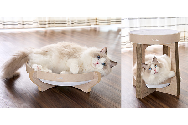 とにかく愛猫が主役！安全・丈夫な爪とぎ、ベッドのような「ガリガリスイート ラウンド」と「ガリガリスイート スツール」