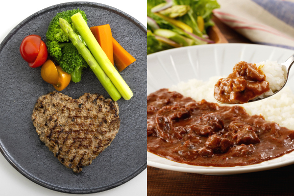 溢れる肉汁「佐賀牛仕込みハートハンバーグ」と贅沢な塊り肉いっぱい「黒毛和牛カレーと黒毛和牛ビーフシチュー」