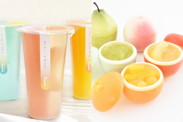 1つで2種類の果実を味わう2層のゼリー「Cocomi gelée」と、国産フルーツをまるごと再現したようなみずみずしい味わいの「フルーツアラモード」