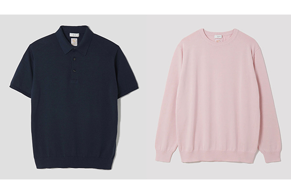 「14G Sea Island Cotton Knit」（Poloは11色有・Crew Neckは9色有・写真はPoloのNavyとCrew NeckのPink）